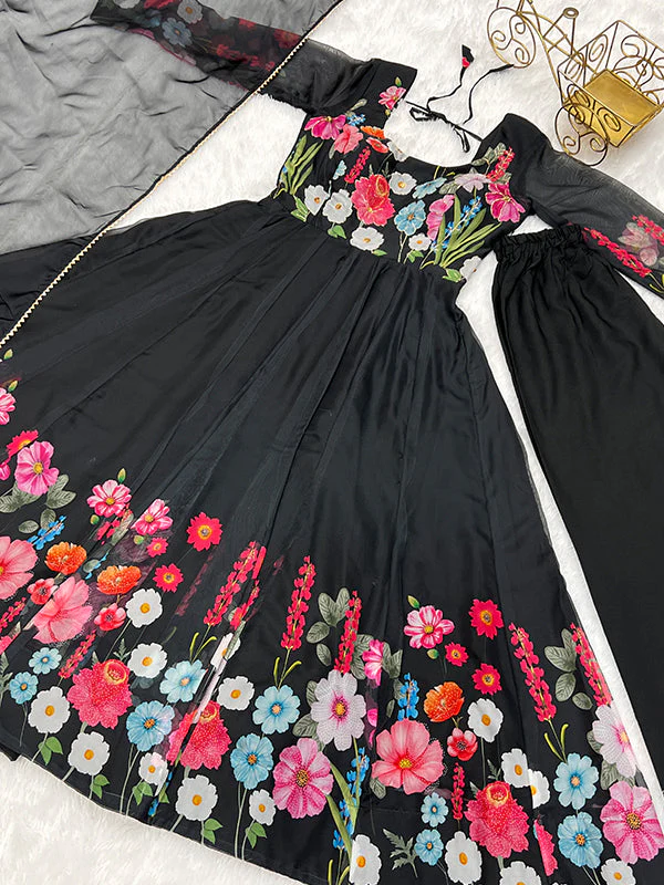 Flower Black Printed Anarkali Gown With Pant & Dupatta Set - Image 10