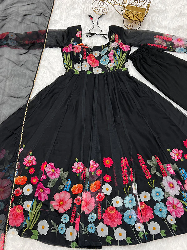 Flower Black Printed Anarkali Gown With Pant & Dupatta Set - Image 11