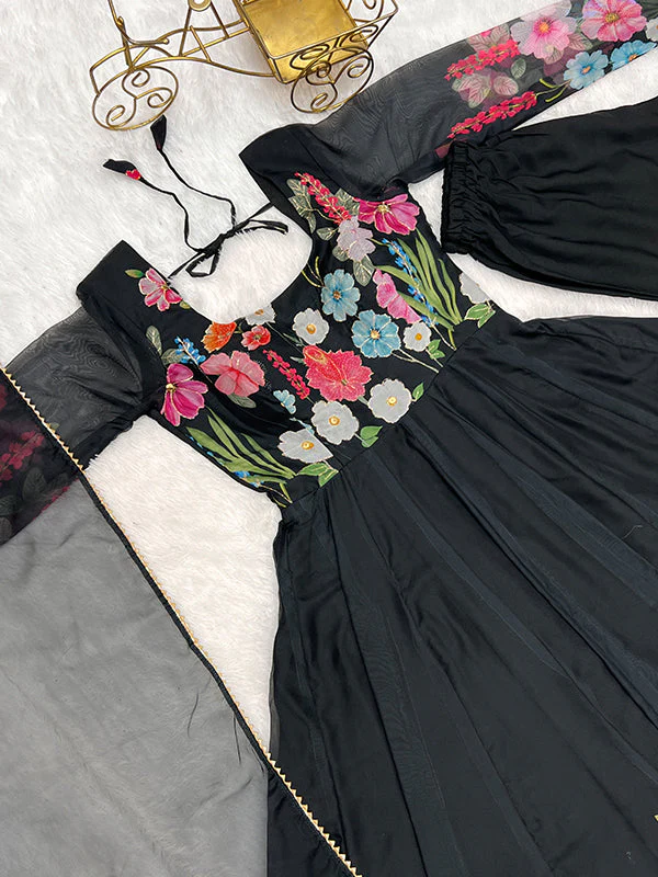 Flower Black Printed Anarkali Gown With Pant & Dupatta Set - Image 12