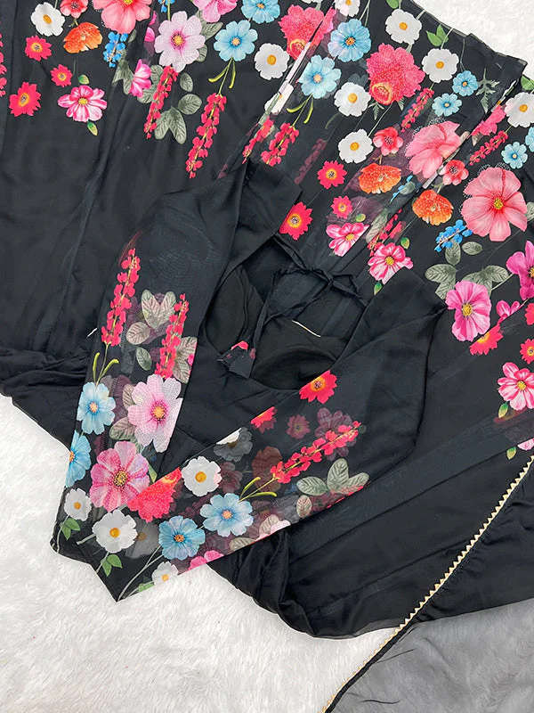 Flower Black Printed Anarkali Gown With Pant & Dupatta Set - Image 13