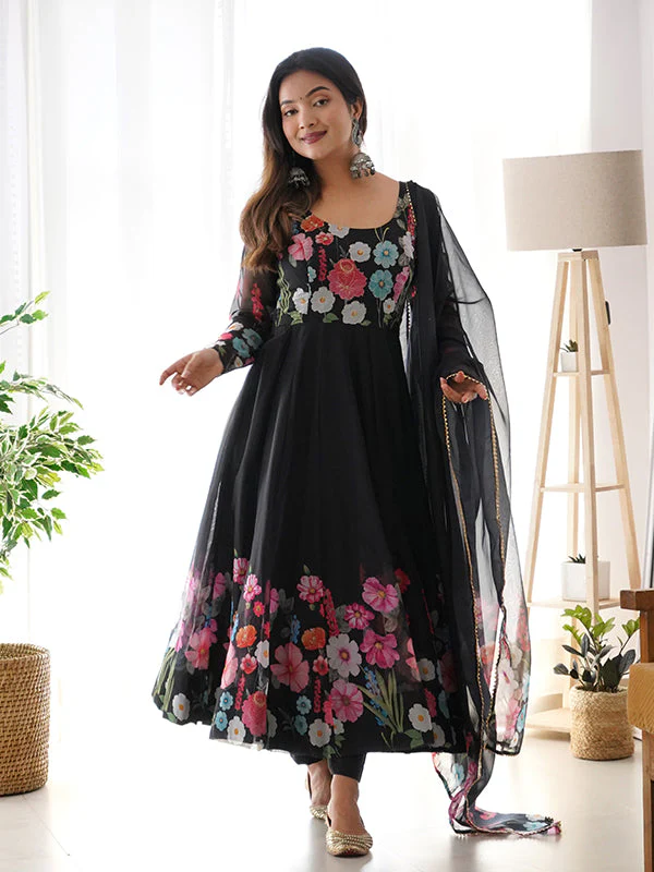 Flower Black Printed Anarkali Gown With Pant & Dupatta Set - Image 4