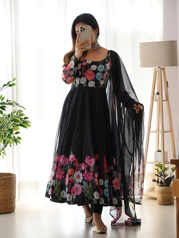 Flower Black Printed Anarkali Gown With Pant & Dupatta Set - Image 5