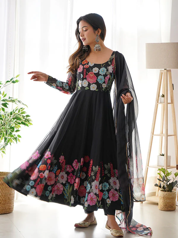 Flower Black Printed Anarkali Gown With Pant & Dupatta Set - Image 6