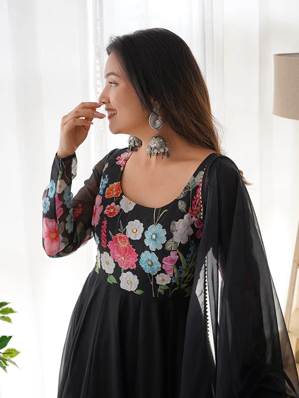 Flower Black Printed Anarkali Gown With Pant & Dupatta Set - Image 7