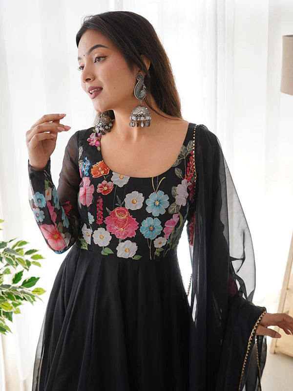 Flower Black Printed Anarkali Gown With Pant & Dupatta Set - Image 8