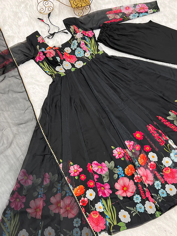 Flower Black Printed Anarkali Gown With Pant & Dupatta Set - Image 9