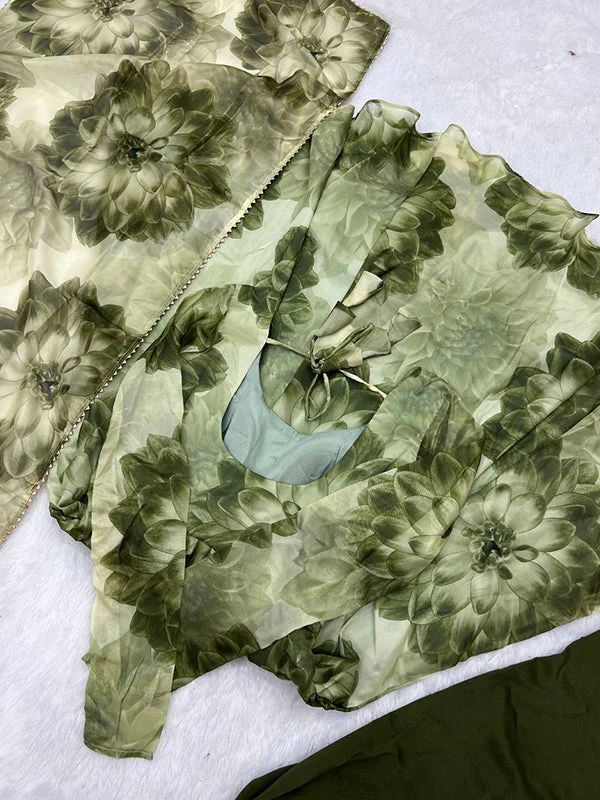 Mehandi Organza Printed Anarkali Gown With Pant & Dupatta Set - Image 10