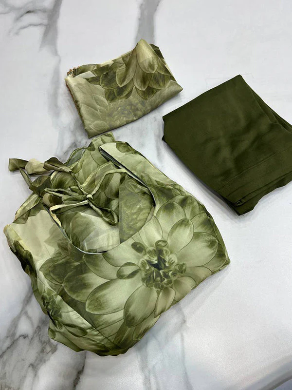 Mehandi Organza Printed Anarkali Gown With Pant & Dupatta Set - Image 11