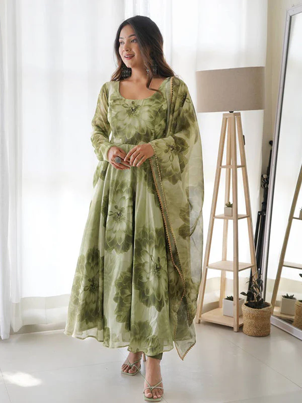 Mehandi Organza Printed Anarkali Gown With Pant & Dupatta Set - Image 3