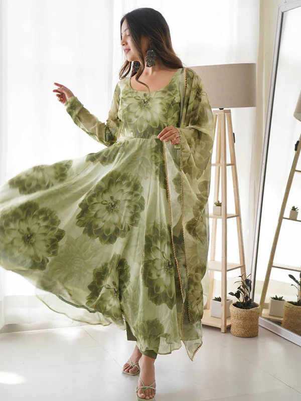 Mehandi Organza Printed Anarkali Gown With Pant & Dupatta Set - Image 5