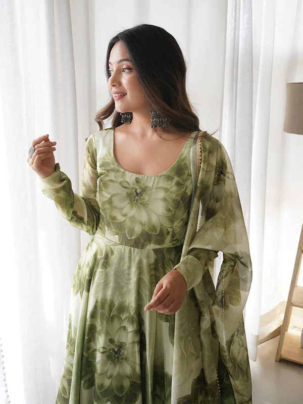 Mehandi Organza Printed Anarkali Gown With Pant & Dupatta Set - Image 6