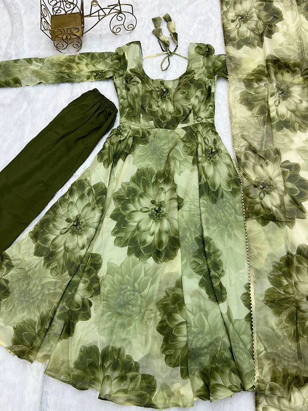 Mehandi Organza Printed Anarkali Gown With Pant & Dupatta Set - Image 7