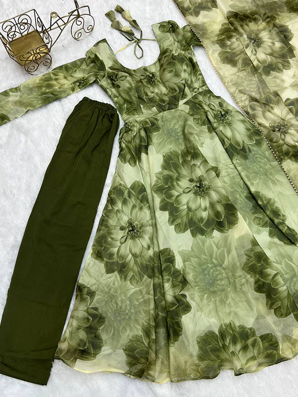 Mehandi Organza Printed Anarkali Gown With Pant & Dupatta Set - Image 8