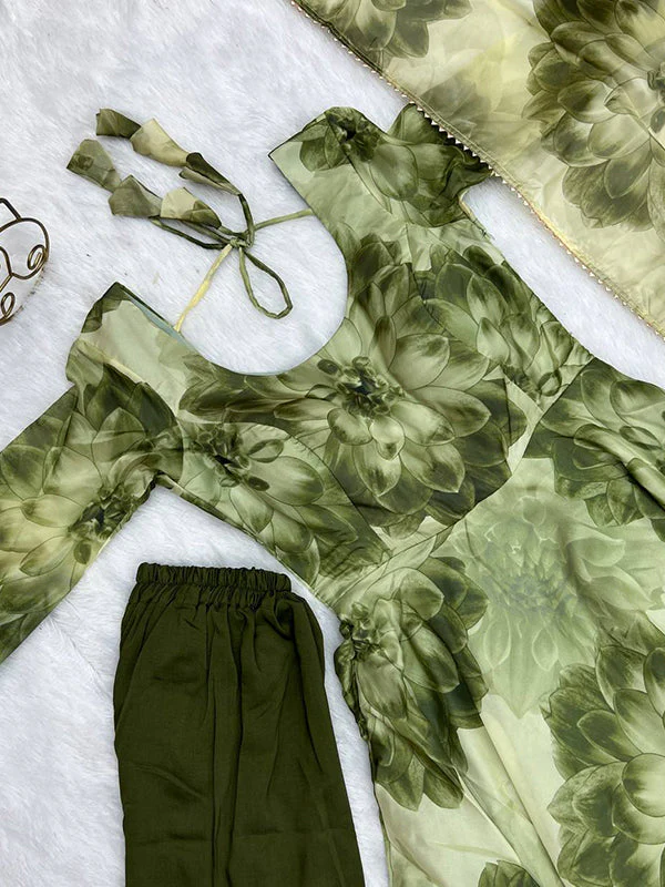 Mehandi Organza Printed Anarkali Gown With Pant & Dupatta Set - Image 9