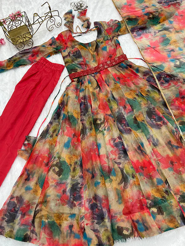 Orange Stains Organza Printed Anarkali Gown With Pant & Dupatta Set - Image 6