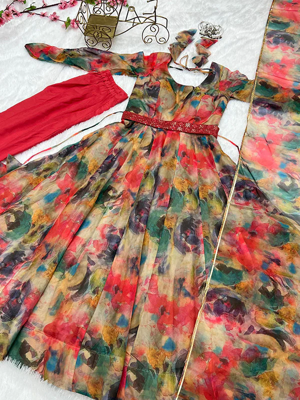 Orange Stains Organza Printed Anarkali Gown With Pant & Dupatta Set - Image 8