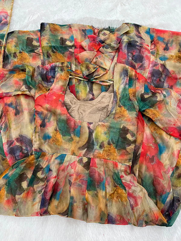 Orange Stains Organza Printed Anarkali Gown With Pant & Dupatta Set - Image 9